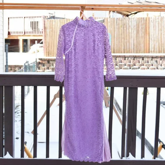 【SOLD】Purple Lace Qipao Midi A-Line Dress - Chinese Traditional Cheongsam - Picture 2 of 6